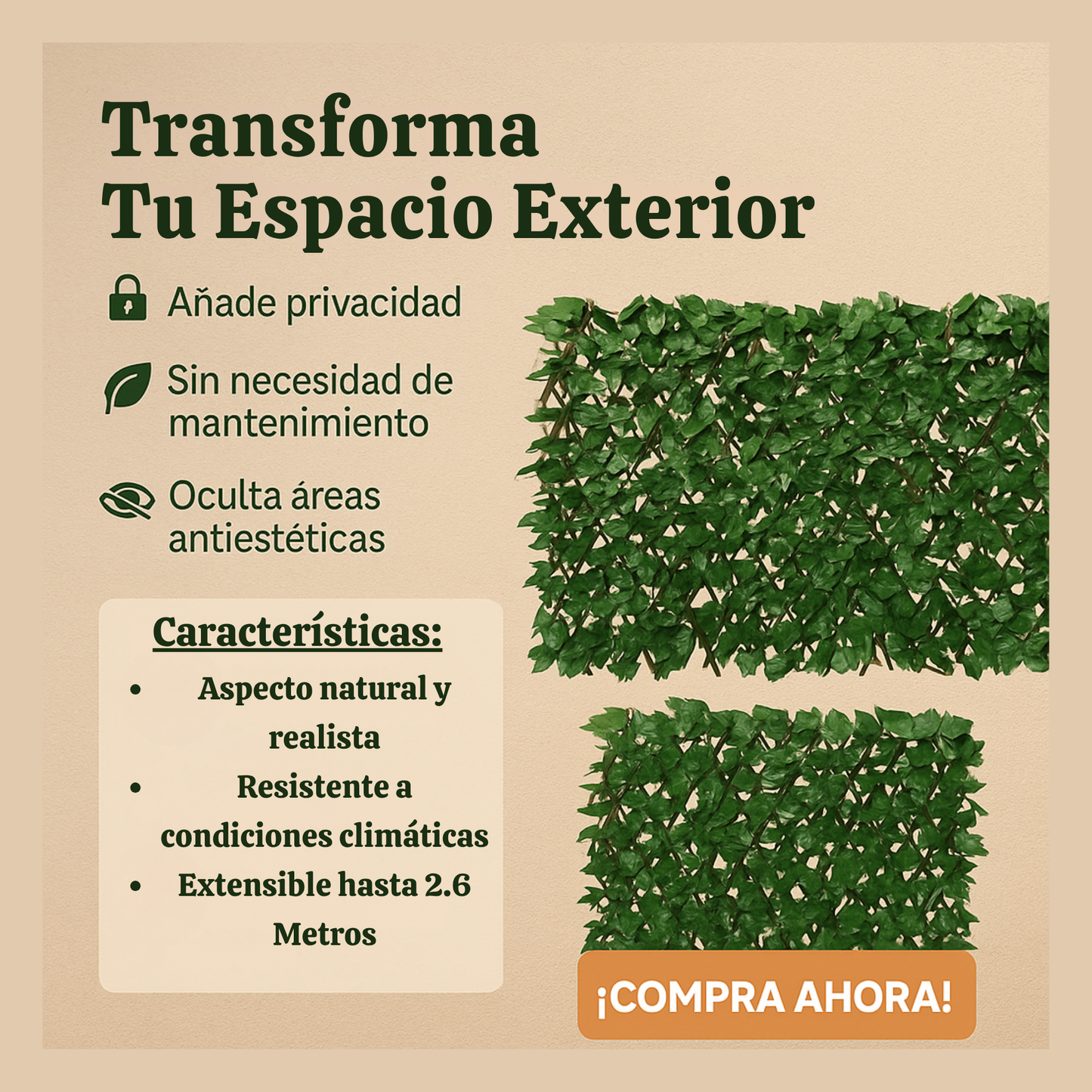 GreenWall™ – Valla de Plantas Artificial Expandible de 2.6 Metros