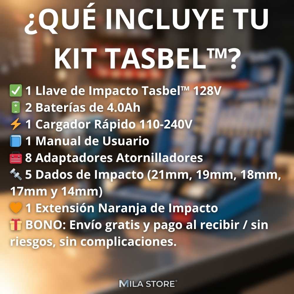 Llave de Impacto Profesional 128V - Tasbel™ + Kit de Herramientas y 2 Baterias
