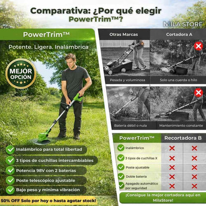 PowerTrim™ - Cortadora de Cesped Inalambrica + 2 Baterias de 98V y Accesorios