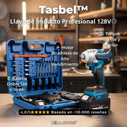 Llave de Impacto Profesional 128V - Tasbel™ + Kit de Herramientas y 2 Baterias