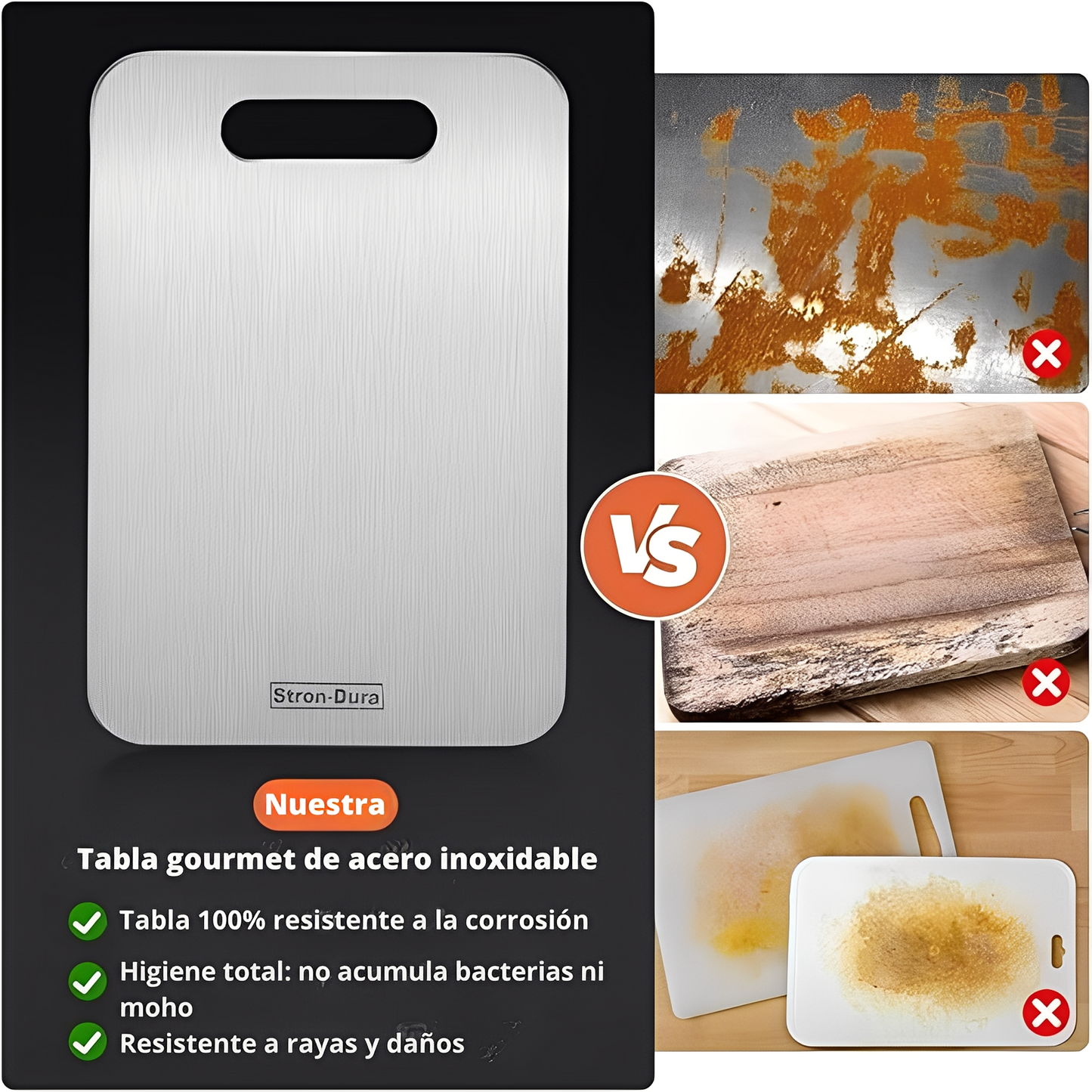 Tabla de Cortar 100% Antibacteriana de Acero Inoxidable - Stron-Dura™ + 📘 BONUS EXCLUSIVO: Guía de Cortes Gourmet
